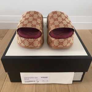 Gucci Tan Mules with Signature GG Monogram